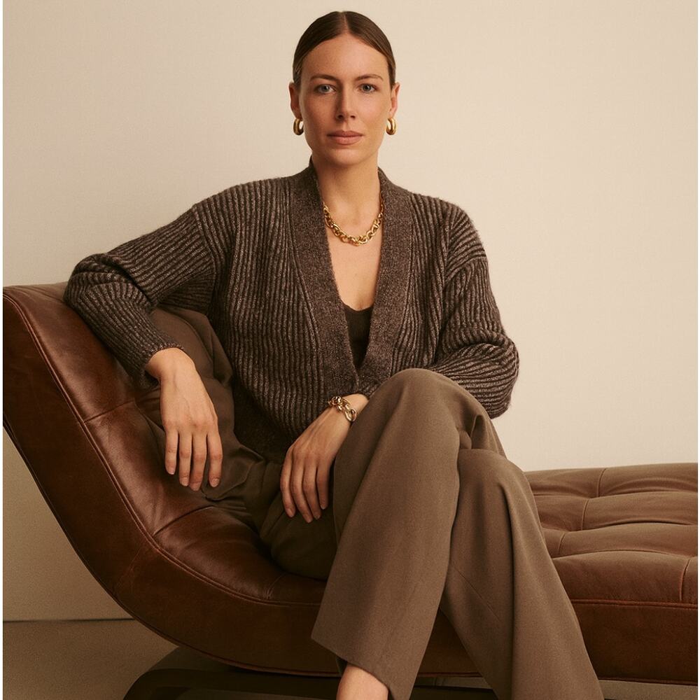 WRAP LONDON Baby Alpaca Ribbed Cropped Cardigan Sweater Brown Sz 2/XS $238 {C35}